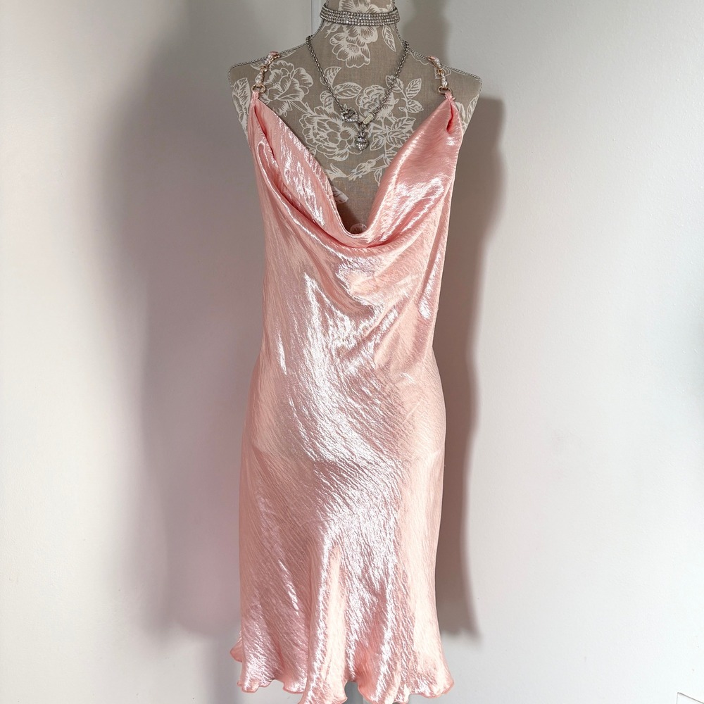 Jump Apparel Pink Satin Cowl Neck Slip Dress Pearl Chain Straps NWT XL